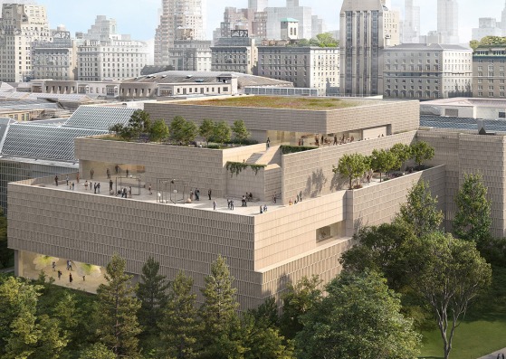 Visualización exterior del ala Tang del Museo Metropolitano de Arte (vista desde la esquina suroeste). Visualización de Filippo Bolognese Images, cortesía de Frida Escobedo Studio