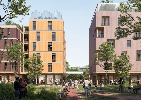 The winning proposal for the new Ecodistrict Bertalia-Lazzaretto by ATI Project, a-fact architecture factory, Weber Architects and Parcnouveau. Rendering by a-fact architecture factory
