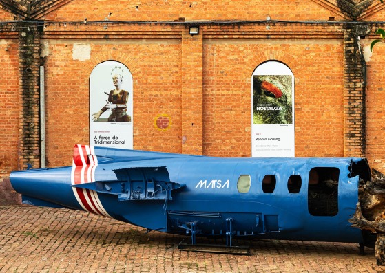 Aircraft fuselage, tree trunk and automotive paint 280 × 1050 × 320 cm. Fábrica de Arte Marcos Amaro (FAMA) by KAAN. Photograph by Sebastian van Damme