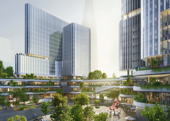 A three-dimensional promenade of elevated bridges connects the Houhai Hybrid Campus towers. Houhai Hybrid Campus by Buro Ole Scheeren