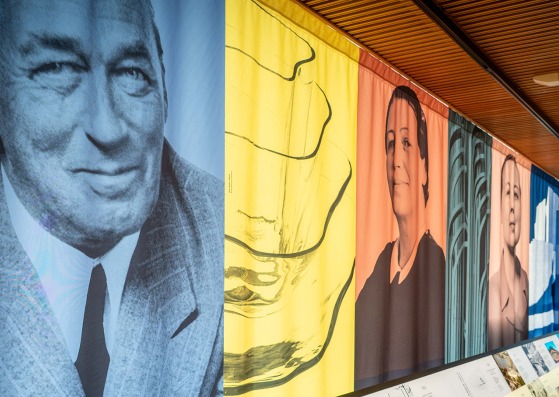 Alvar, Aino, and Elissa Aalto, featured in the permanent exhibition at Finlandia Hall in Helsinki. Photograph by Kusti Manninen