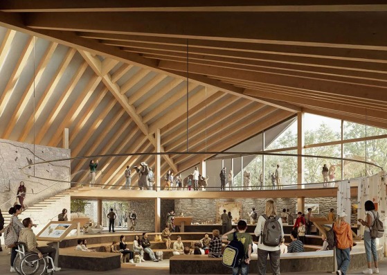 Vista interior del centro de visitantes del parque nacional de Alberta por Kengo Kuma y Paul Raff  