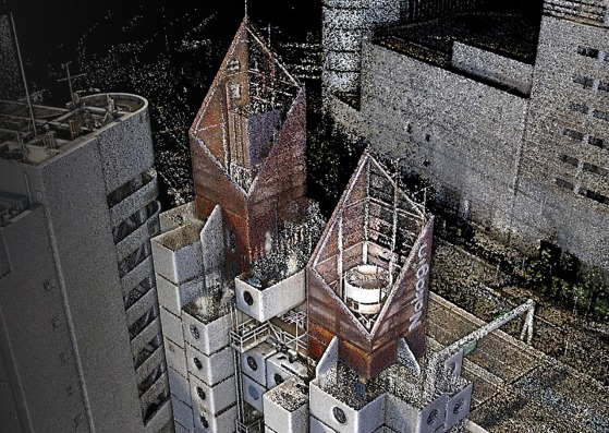 The tower is being scanned and photographed