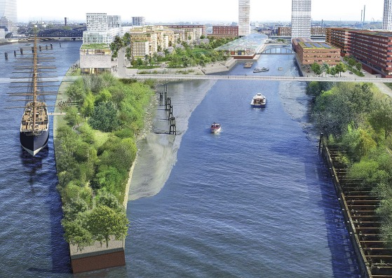 Rendering. New Grasbrook District by Herzog & de Meuron and Vogt. Photograph by Herzog & de Meuron and Vogt