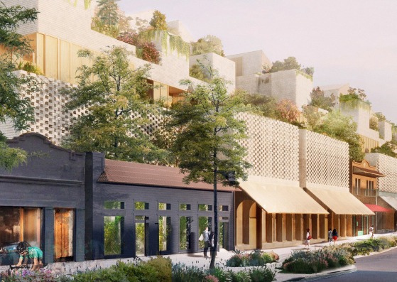 Rendering. Sixth & Blanco complex by Herzog & de Meuron Rendering. Sixth & Blanco complex by Herzog & de Meuron
