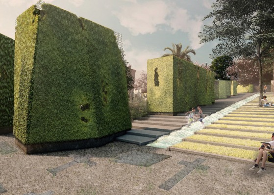 Cementerio de Begoña escalinata verde y cascada, visualización. El jardín de los recuerdos por IWA y LOLA