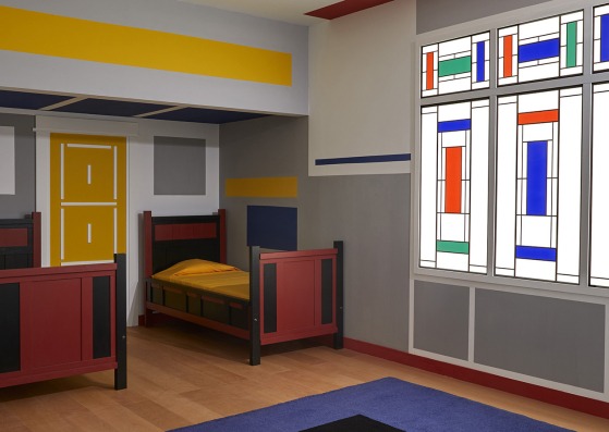 Children's bedroom, Villa Arendshoeve, home of the Bruynzeel family, voorburg. Partial reconstruction. (Vilmos Huszár and Pieter Jan Christophel Klaarhamer). Photograph by Joaquín Cortes / Román Lores. Photographic archive of the Reina Sofía Museum. View of the MONDRIAN Y DE STIJL exhibition. Reina Sofía National Art Center Museum. November 2020
