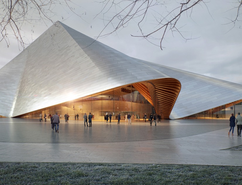 Kosovo Opera and Ballet Theatre by BIG. Rendering by bloomimages, courtesy of Bjarke Ingels Group (BIG)