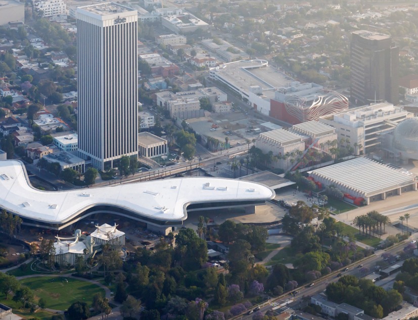 Aerial view of LACMA buildings, including David Geffen Galleries in context of Miracle Mile. Photograph by Iwan Baan, courtesy of LACMA