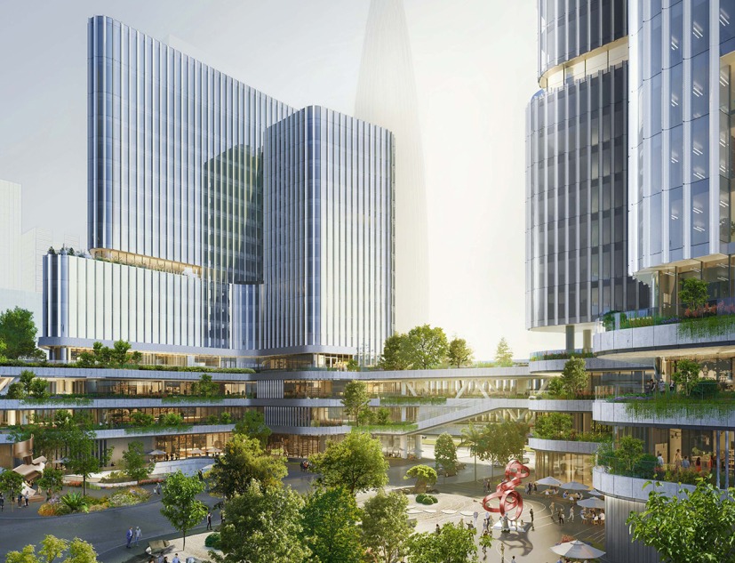 Un paseo tridimensional de puentes elevados conecta las torres del Houhai Hybrid Campus. Campus Híbrido de Houhai por Buro Ole Scheeren