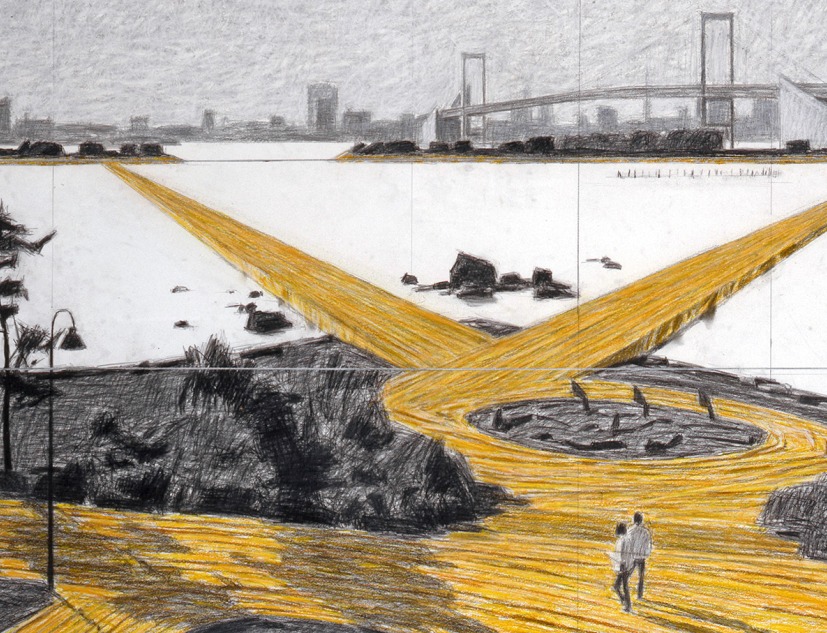 Christo y Jeanne-Claude. El Proyecto Daiba (Las pasarelas flotantes de la bahía de Tokio, Las pasarelas del parque de Odaiba, Los 147 escalones de la sede de Fuji Television). 1996. Grafito, carboncillo, pastel, crayón de cera y mapa sobre papel. 38 x 165 x 4 cm (107 x 165 x 4 cm). Cortesía de la Fundación Christo y Jeanne-Claude / Prats Nogueras Blanchard, Barcelona/Madrid