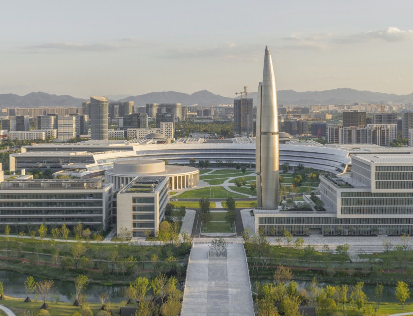 Aerial view, from the north. Westlake University by HENN. Photograph by Tian Fangfang