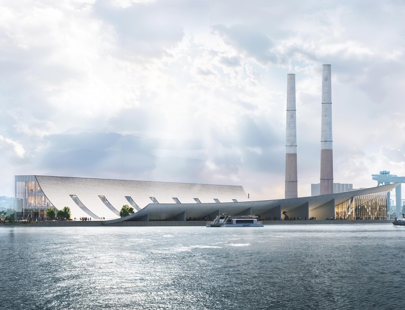 Interior view of the museum atrium, where circulation, exhibition, and public gathering intersect within a shared spatial volume. Brise-Vent Havre Harbor Museum by LYT-X Studio. Rendering by LYT-X Studio