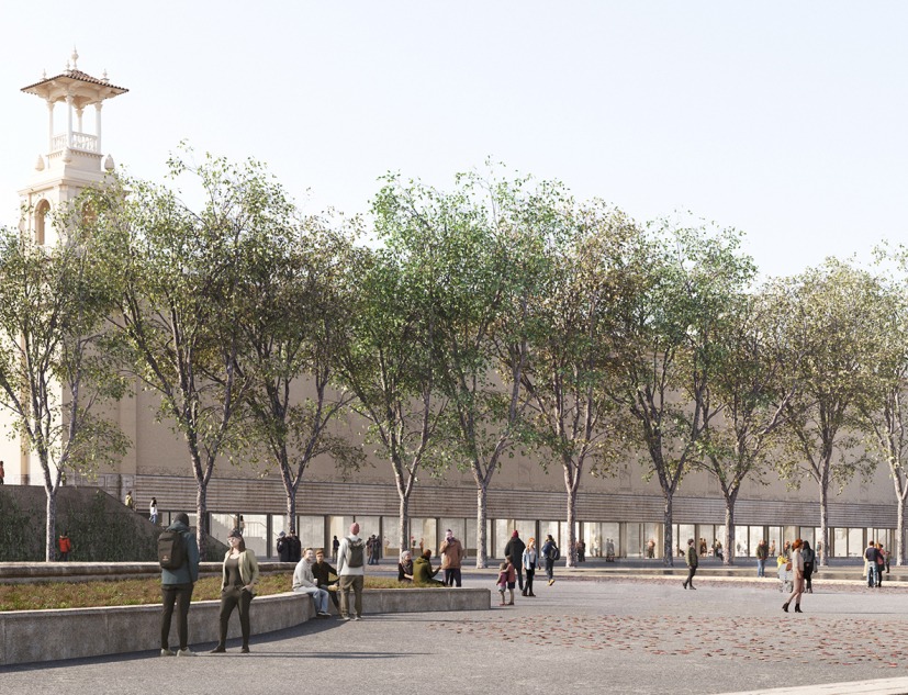 Palau Victoria Eugénia, exterior view of the entrance to the new MNAC. Extension of the MNAC by Harquitectes and Christ & Gantenbein.