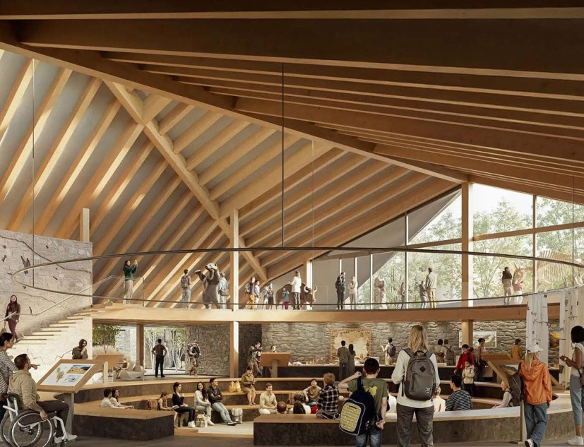 Vista interior del centro de visitantes del parque nacional de Alberta por Kengo Kuma y Paul Raff  