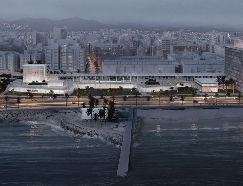 Visualización nocturna de la propuesta de Cruz y Ortiz, para recuperar la fachada marítima de Palma
