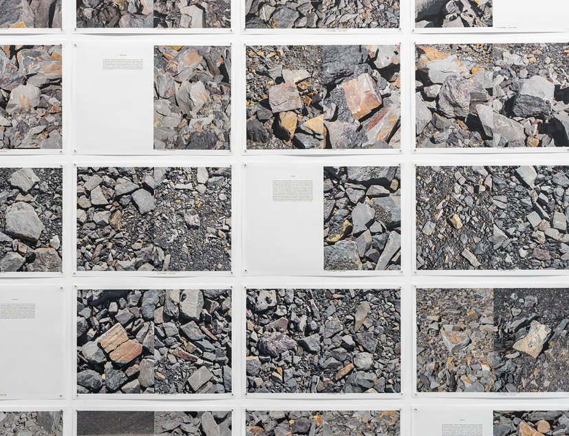Talking about stones. Mineral lexicon (Installation detail), 2024. 4/4 color digital offset print on paper. Installation of 172 sheets, 31.7x46cm each. Courtesy of Jorge Yeregui, VEGAP, Madrid, 2026