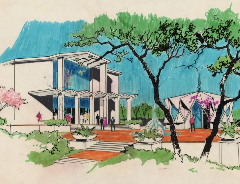 First African Methodist Episcopal Church of Los Angeles (exterior rendering), ca. 1960, by Paul R. Williams (American, 1894–1980), ink on paper. Jointly owned by the Getty Research Institute and the University of Southern California School of Architecture, 2020.M.6. Courtesy of Della M. Williams Trust Dated December 15, 1988