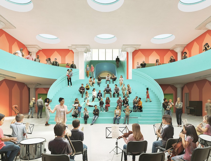 The Frank Liu Jr. Academy of Music and Arts, by OMA. Rendering by OUT OF RAM