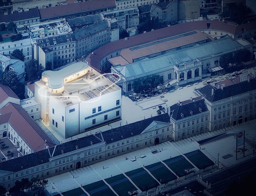 Visualización desde el exterior del pabellón y la azotea, 2014. Libelle MQ, por O&O Baukunst
