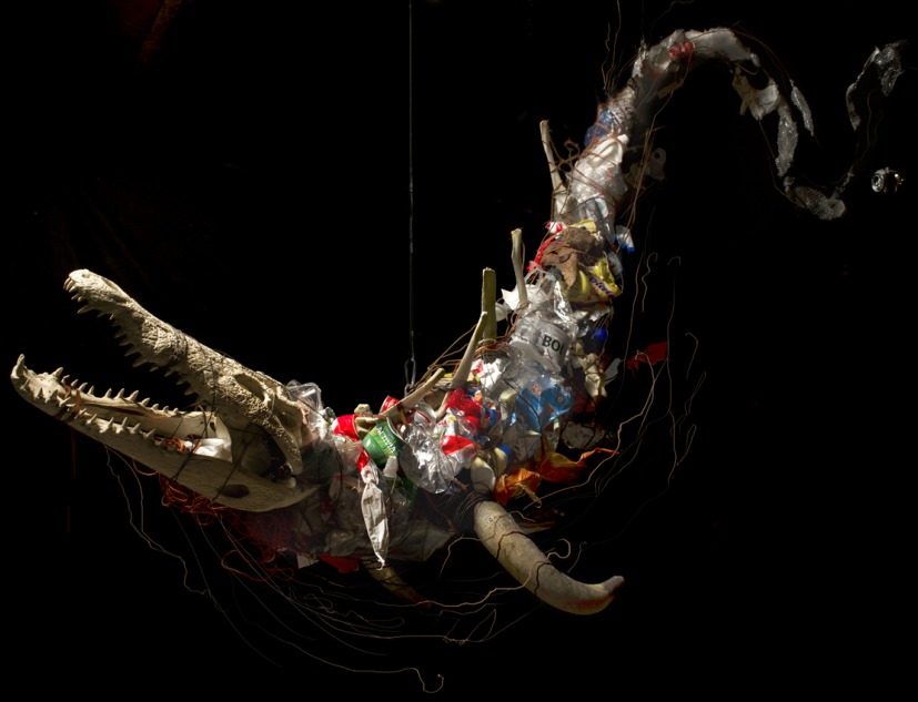 Animal Marino (2013). Estructura colgante que evoca un marino que mide 2,3m x 1,5m. Cráneo de cocodrilo, astas de toro, vértebras de vacuno, alambre y basura. Exposición “Vida Tóxica. Somos naturaleza en evolución tóxica”. Fotografía © Carlos Bellvehí
