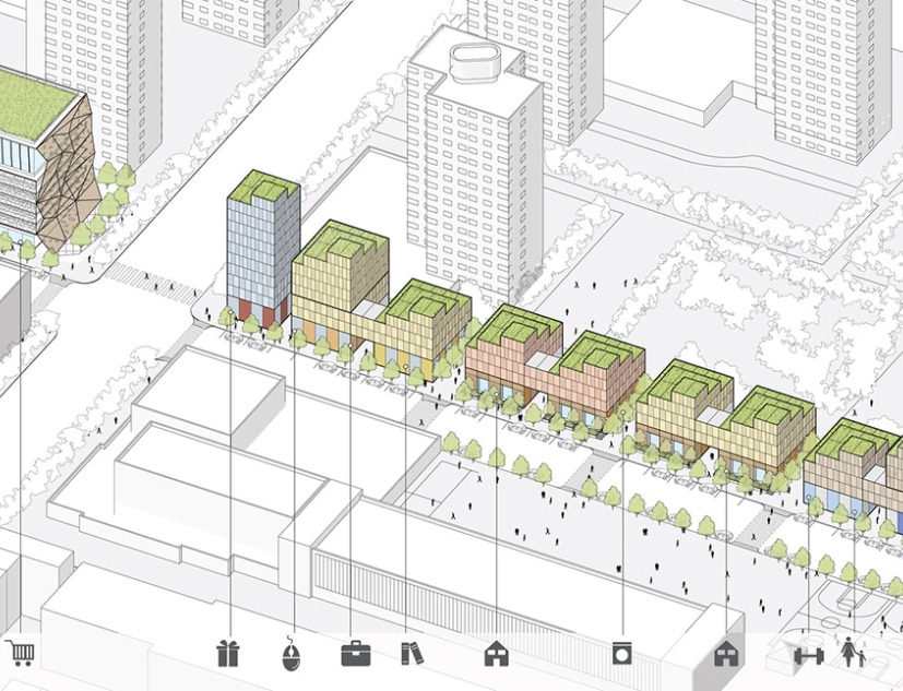 After. The same site could include a parking garage and multiuse development
