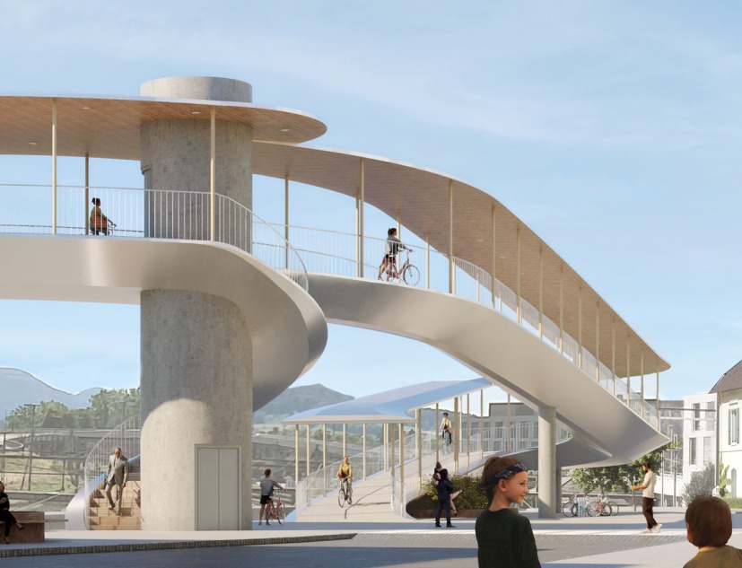 Rendering. Competition for a new footbridge in Delémont by atelier d21. Image by Camera Picta