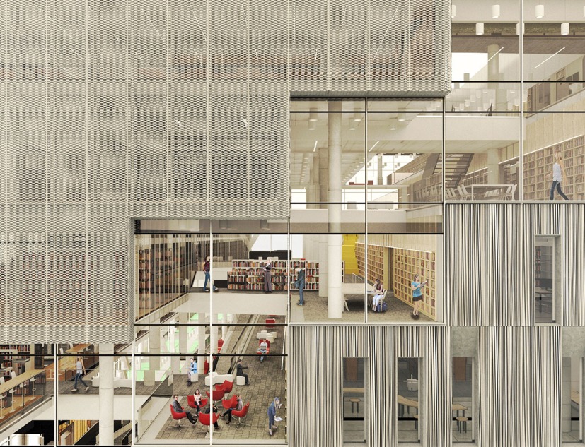 Render detalle de fachada. La Biblioteca Regional de Varna por Architects for Urbanity