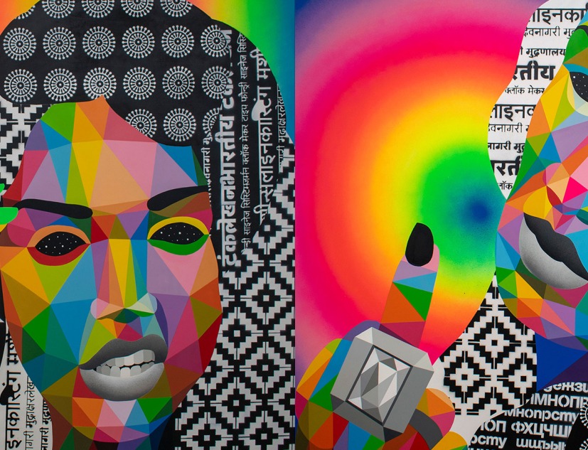 Fuck you 1 and 2, by Okuda, 2019. Synthetic enamel on wood 120x120cm