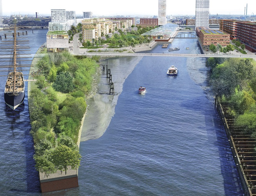 Rendering. New Grasbrook District by Herzog & de Meuron and Vogt. Photograph by Herzog & de Meuron and Vogt