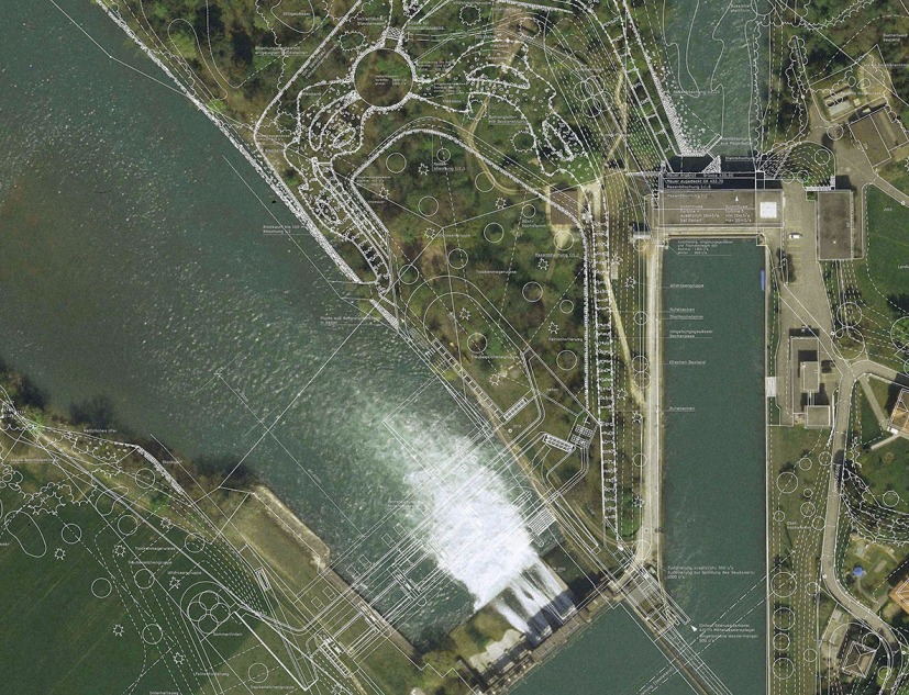 Aerial view of the site before the construction of the new hydropower plant. The new project is drawn in white lines. Photograph © Raymond Vogel Landschaften AG, Zürich