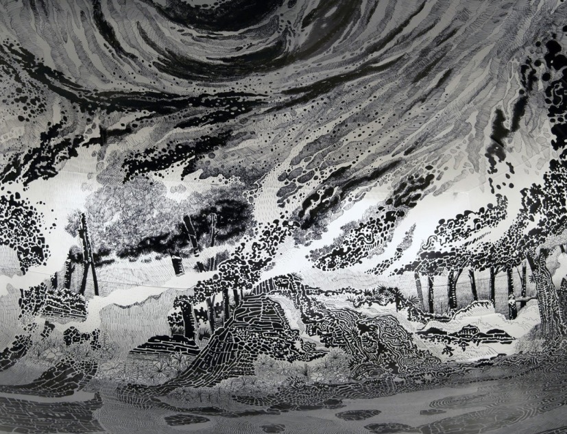 Paradise 2018, dibujo, bolígrafo permanente en vinilo 10x7x4m. "Oscar Oiwa en el Paraíso: Dibujando lo efímero" en la Japan House. Cortesía de Oscar Oiwa