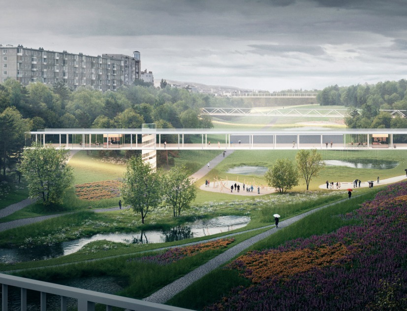 Saratov Tsentralny airport and Glebuchev Ovrag. Saratov's Competition Project by second winning team composed by Karres en Brands, Mandaworks design studio, and Kosmos architects