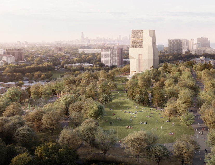 Los cambios en el diseño de TWBTA para el Centro Presidencial de Obama incluyen la adición de más aberturas y vidrio a la torre de 72 metros del complejo. Imágenes cortesía de la Fundación Obama the TWBTA design for the Obama Presidential Center include the addition of more openings and glass to the complex's 72-meter tower. Images courtesy of Obama Foundation