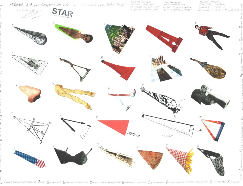 STAR strategies + architecture [Beatriz Ramo]. Metaphor A-Z for Storefront + 5’ poem: Beautiful Triangles, 2012 Mixed media, 18 x 24 in