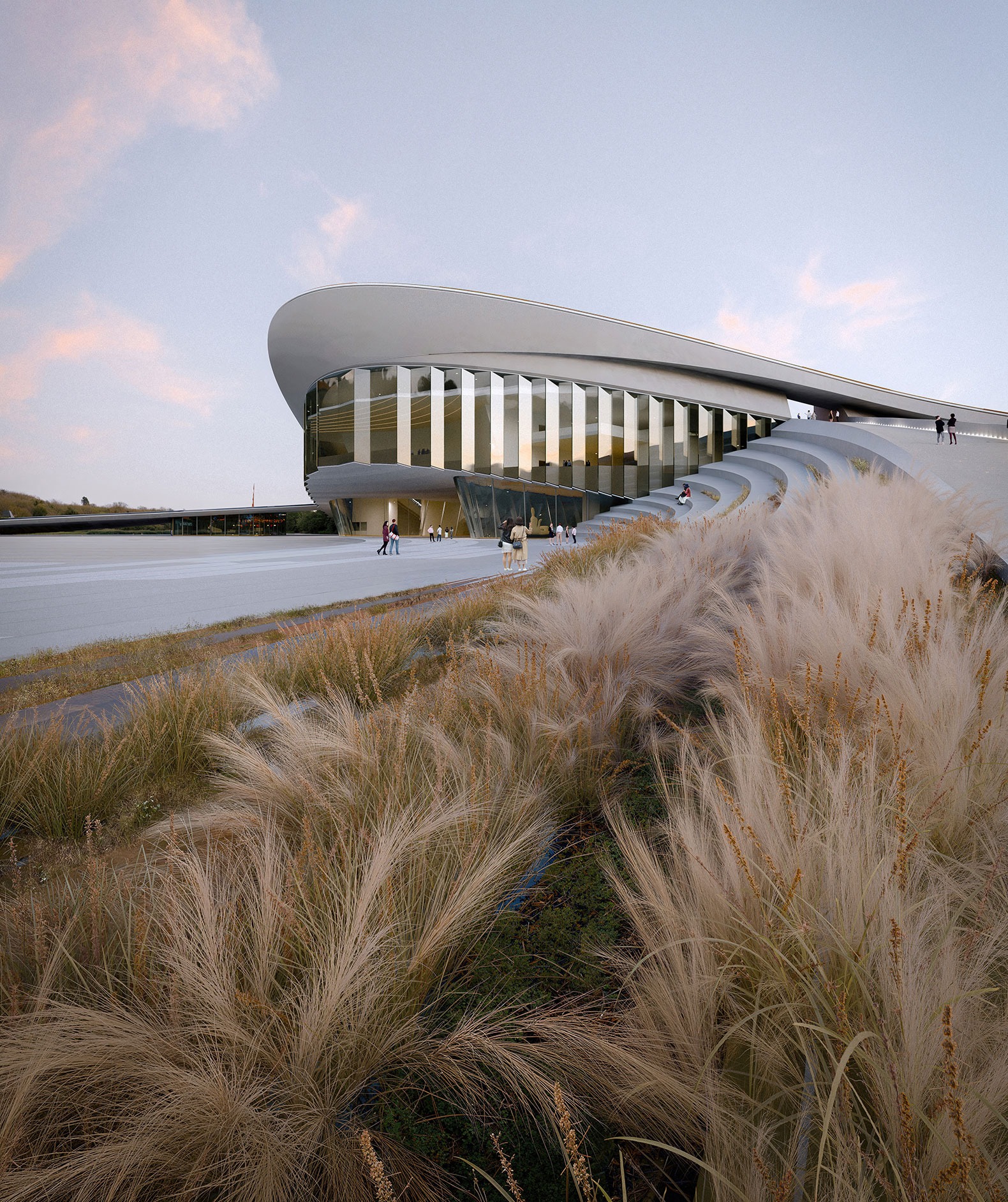 Museo de arte de la bahía de Qiantang en Hangzhou por Snøhetta. Visualización por Atchain.