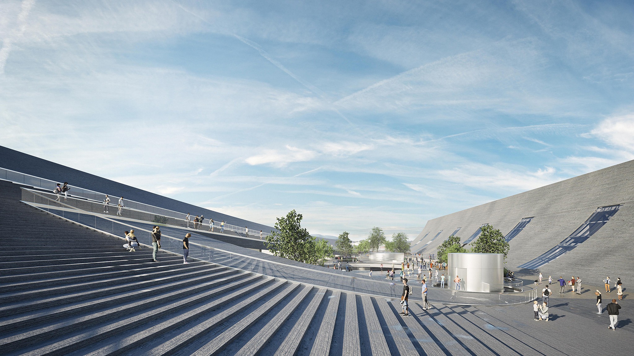 Vista del patio de la plaza, concebido como el corazón cívico del proyecto y un conector entre la ciudad, el museo y la costanera. Museo Brise-Vent del Puerto de Havre por LYT-X Studio. Visualización por LYT-X Studio.