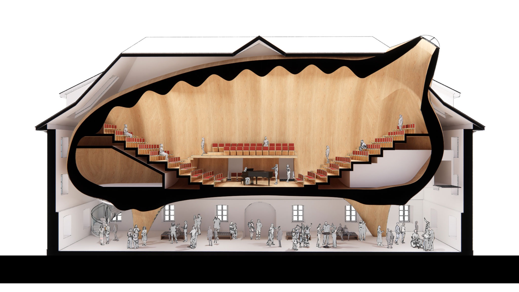 Visualización. Sala de conciertos Altdorf por Shigeru Ban Architects.