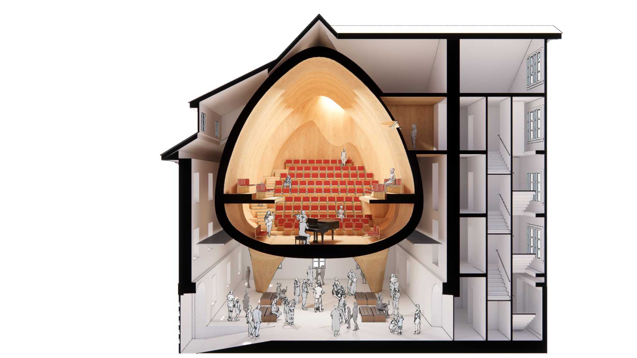 Visualización. Sala de conciertos Altdorf por Shigeru Ban Architects.
