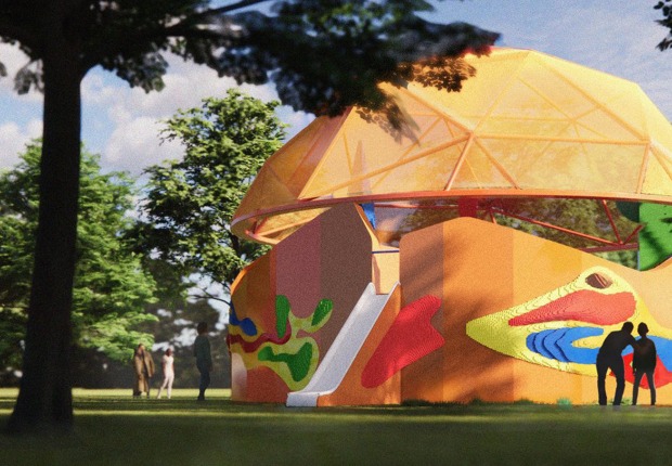 Pabellón de Juegos, diseñado por Peter Cook (Peter Cook Studio Crablab), en colaboración con Serpentine y LEGO Group. Visualización, vista exterior. Fotografía de Peter Cook (Peter Cook Studio Crablab). Cortesía de Serpentine