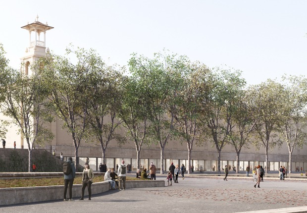 Palau Victoria Eugénia, exterior view of the entrance to the new MNAC. Extension of the MNAC by Harquitectes and Christ & Gantenbein.