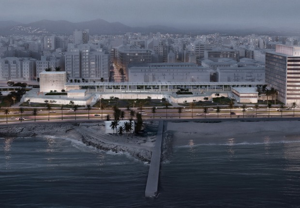 Nighttime visualization of the proposal by Cruz and Ortiz, to recover the seafront of Palma