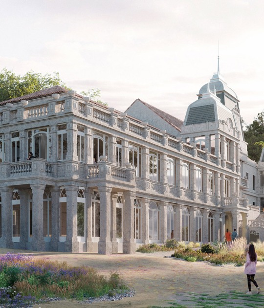 Competition for the renovation of "El Pazo de Lourizán" by Estudio Carme Pinós + Carles Enrich Studio. Rendering by Drawfield