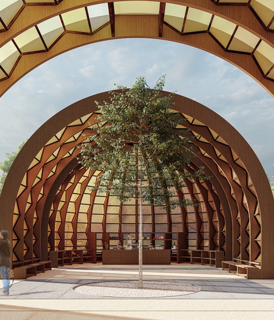 Serpentine 2025 Pavilion A Capsule in Time, designed by Marina Tabassum, Marina Tabassum Architects (MTA). Design render, interior view. Image by Marina Tabassum Architects (MTA). Courtesy Serpentine