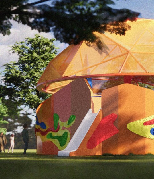 Play Pavilion, designed by Peter Cook (Peter Cook Studio Crablab), in collaboration with Serpentine and the LEGO Group. Design render, aerial view. Photograph Peter Cook (Peter Cook Studio Crablab). Courtesy Serpentine