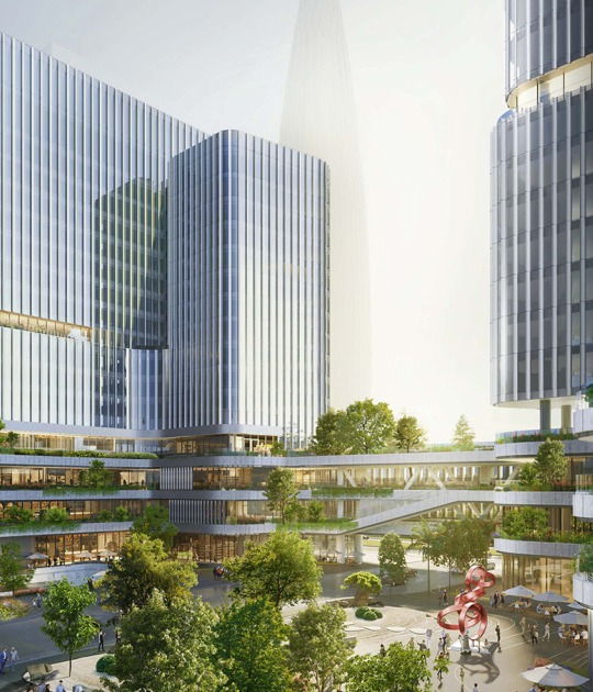 Un paseo tridimensional de puentes elevados conecta las torres del Houhai Hybrid Campus. Campus Híbrido de Houhai por Buro Ole Scheeren