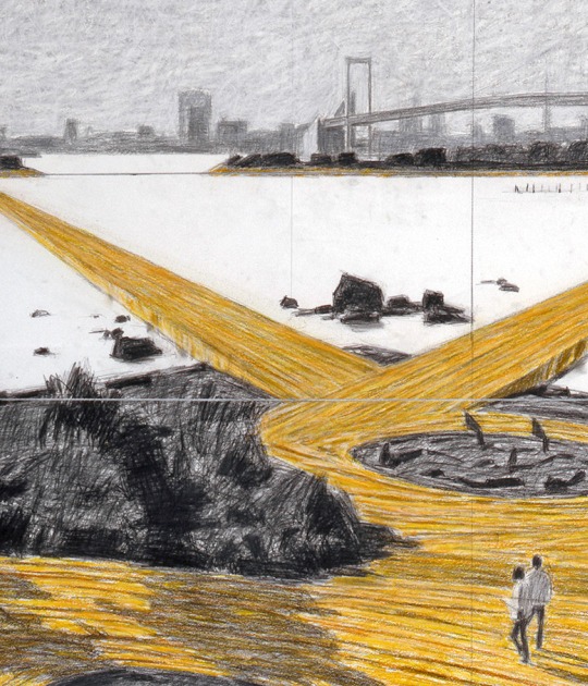 Christo and Jeanne-Claude. The Daiba Project (The Floating Walkways at Tokyo Bay, The Walkways at Odaiba Park, The 147 Steps at Fuji Television Headquarters). 1996. Graphite, charcoal, pastel, wax crayon and map on paper. 38 x 165 x 4 cm 107 x 165 x 4 cm. Courtesy by Christo and Jeanne-Claude Foundation / Prats Nogueras Blanchard Barcelona/Madrid