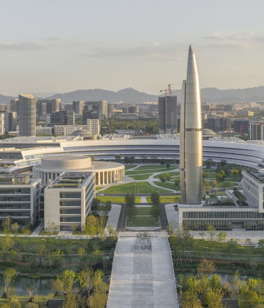 Aerial view, from the north. Westlake University by HENN. Photograph by Tian Fangfang