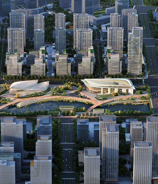 ZHA Architects, Qiantang Bay Cultural District, Hangzhou, China. Rendering by Atchain