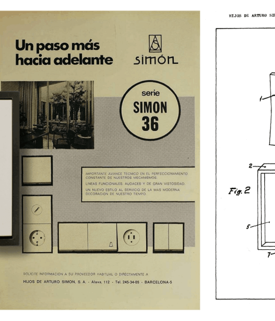 Simon 36, serie lanzada en 1971. Junto con anuncio publicado en Revista de Aparejadores y Modelo de Utilidad firmado en 1968. Imagen cortesía de Simon. 